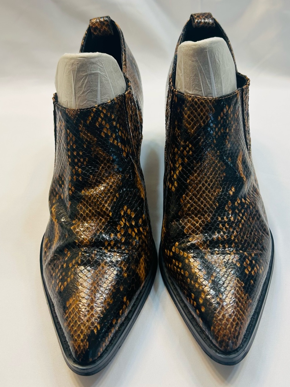 Bleecker & Bond “Lydia”  Snakeskin Print Pointed Slip-On Ankle Booties